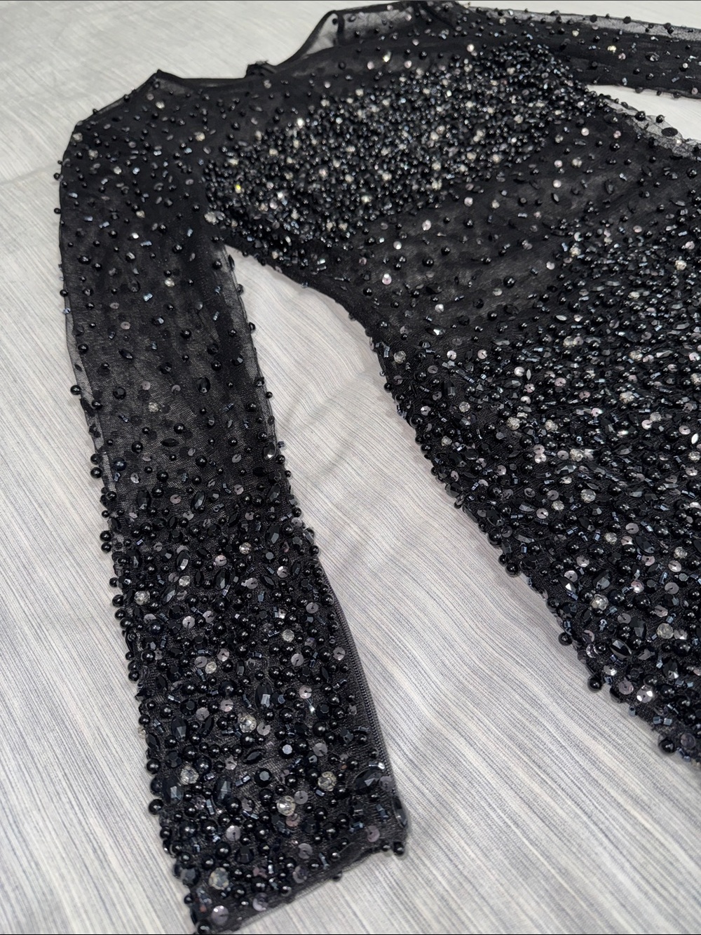 Black Beaded Sheer Mesh Long-Sleeve Mesh Mini Cocktail Dress - Picture 5 of 17